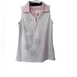 Lopez Sleeveless White Golf Polo with Pink Trim and Rhinestone Leaf Detail NWT